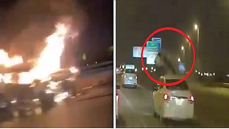 شاهد.. انقلاب سيارة واحتراقها في حادث مروع بالظهران