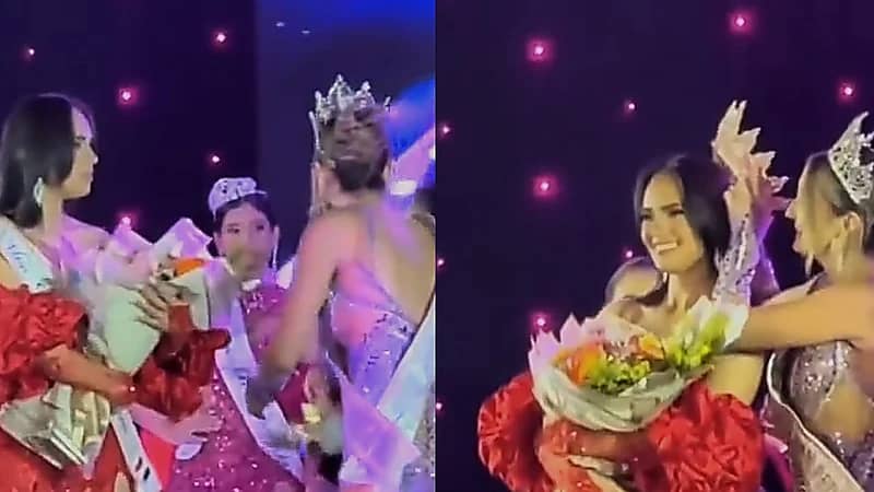 الغيرة تدفع فتاة لإسقاط التاج من على رأس منافستها في مسابقة ملكة جمال.. فيديو