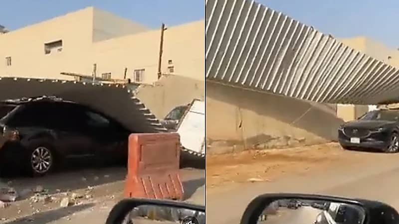 ‏سقوط جدار جراء الرياح القوية في الرياض..فيديو