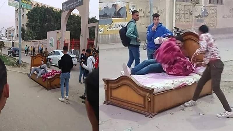 شاهد.. سرير وسط الشارع  أمام معهد للبنات يثير الجدل