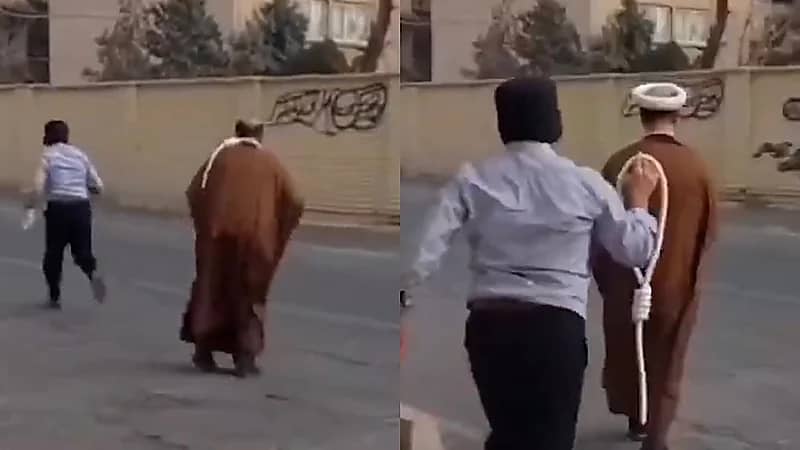 بالفيديو.. رجل إيراني ينزع العمامة من رأس معمم ويضع حبل المشنقة