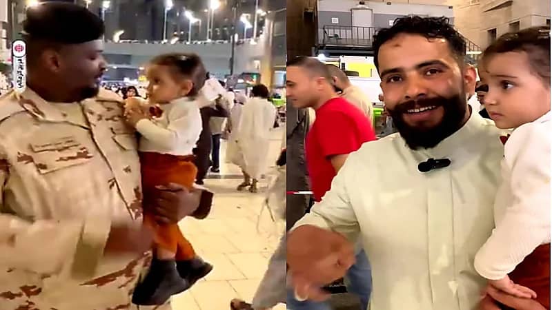 رجل أمن في الحرم يهدئ طفلة باكية أثناء صلاة والدها.. فيديو