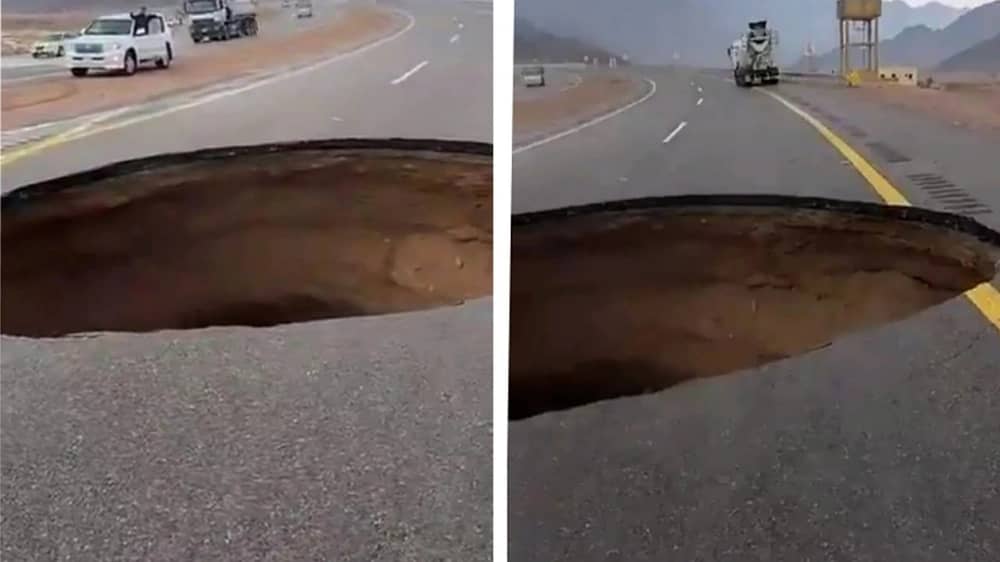 انهيار أرضي على طريق غرب تبوك .. فيديو