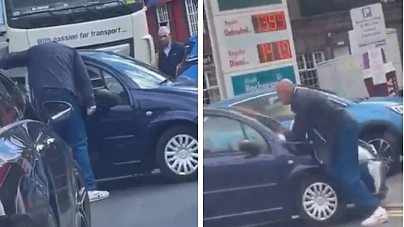 شاهد.. شخص يهدد قائد سيارة بالسكين في محطة وقود لسبب غريب 