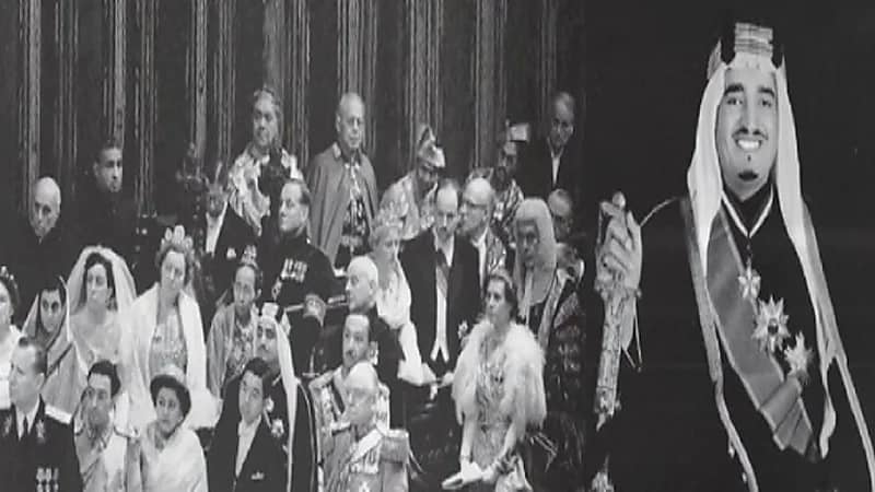 صورة نادرة للملك فهد بالزي الرسمي في حفل تتويج الملكة إليزابيث الثانية