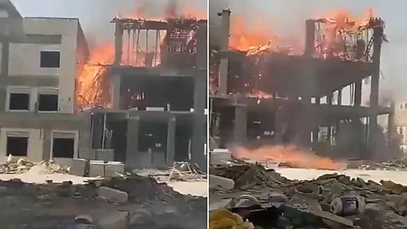 بالفيديو.. نيران ضخمة تلتهم منزل تحت الإنشاء