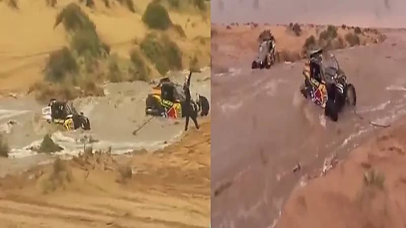 بالفيديو .. سيول تعيق متسابقين في رالي داكار