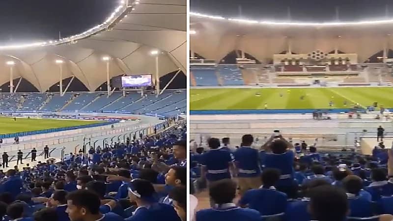 شاهد .. جماهير الهلال تردد "ميسي" لحظة نزول رونالدو لأرضية الملعب
