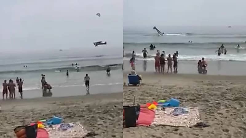 مشهد يحبس الأنفاس لتحطم طائرة على شاطئ مزدحم بالبشر .. فيديو