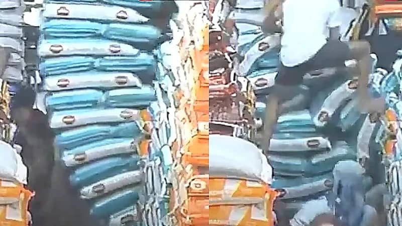 هندية كادت تفقد حياتها بعد سقوط 40 كيس أرز عليها  ..  فيديو