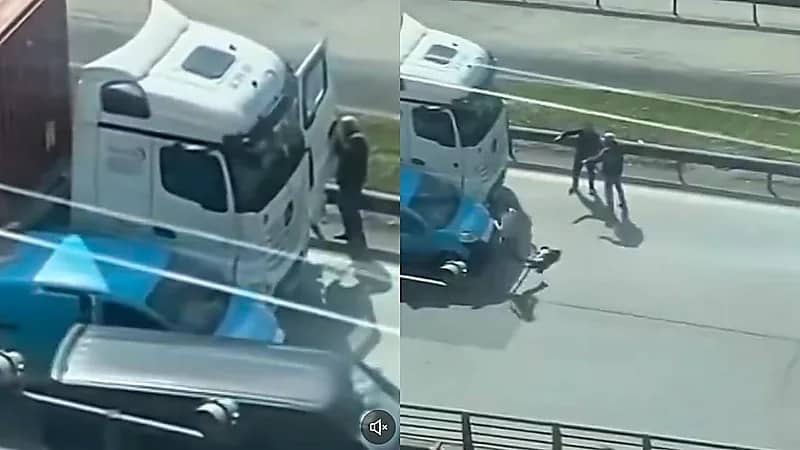 مشاجرة عنيفة بين سائق شاحنة وسائق مركبة بسبب أحقية الطريق  .. فيديو