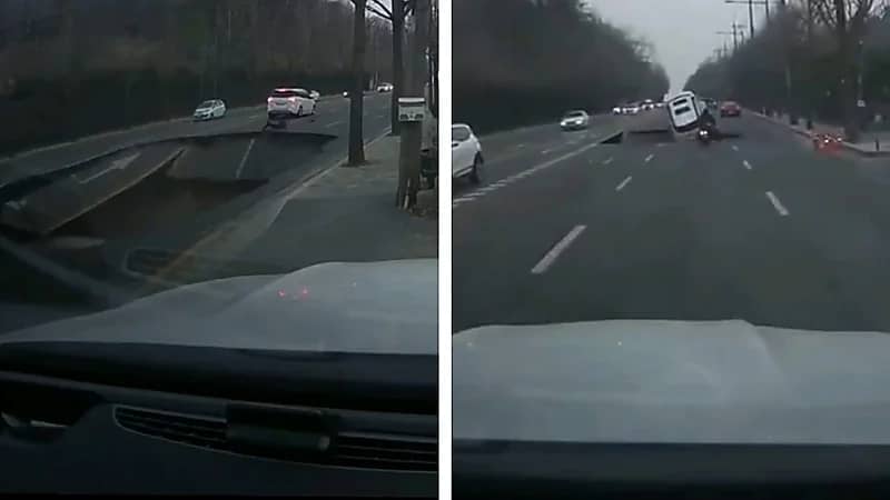 حفرة ضخمة تبتلع سائق دراجة نارية في كوريا الجنوبية .. فيديو