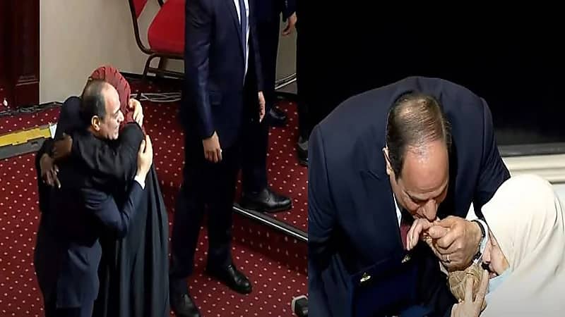 صور.. الرئيس المصري يقبل يد الأمهات المثاليات على الهواء