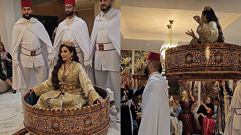 لجين عمران تخطف الأنظار بالقفطان المغربي وهي فوق العمارية كالعروس .. فيديو