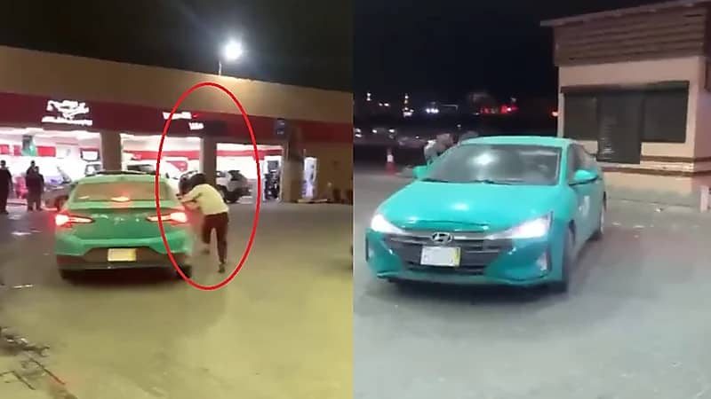 شاهد.. لحظة سرقة تاكسي من محطة وقود وتشبث السائق بالنافذة