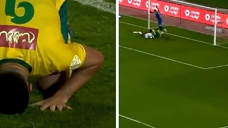 مهاجم الخليج يسجد شكر لله بعد ضياعه هدف محقق .. فيديو