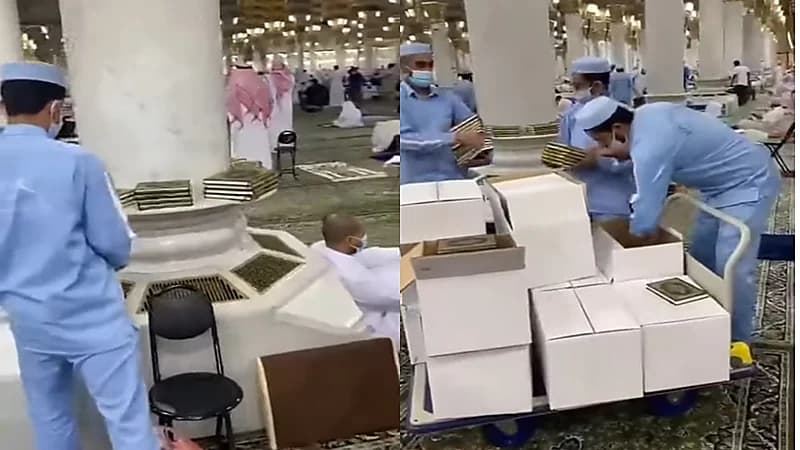 بالفيديو.. لحظة إعادة المصاحف إلى الحرمين بعد رفعها احترازيًا