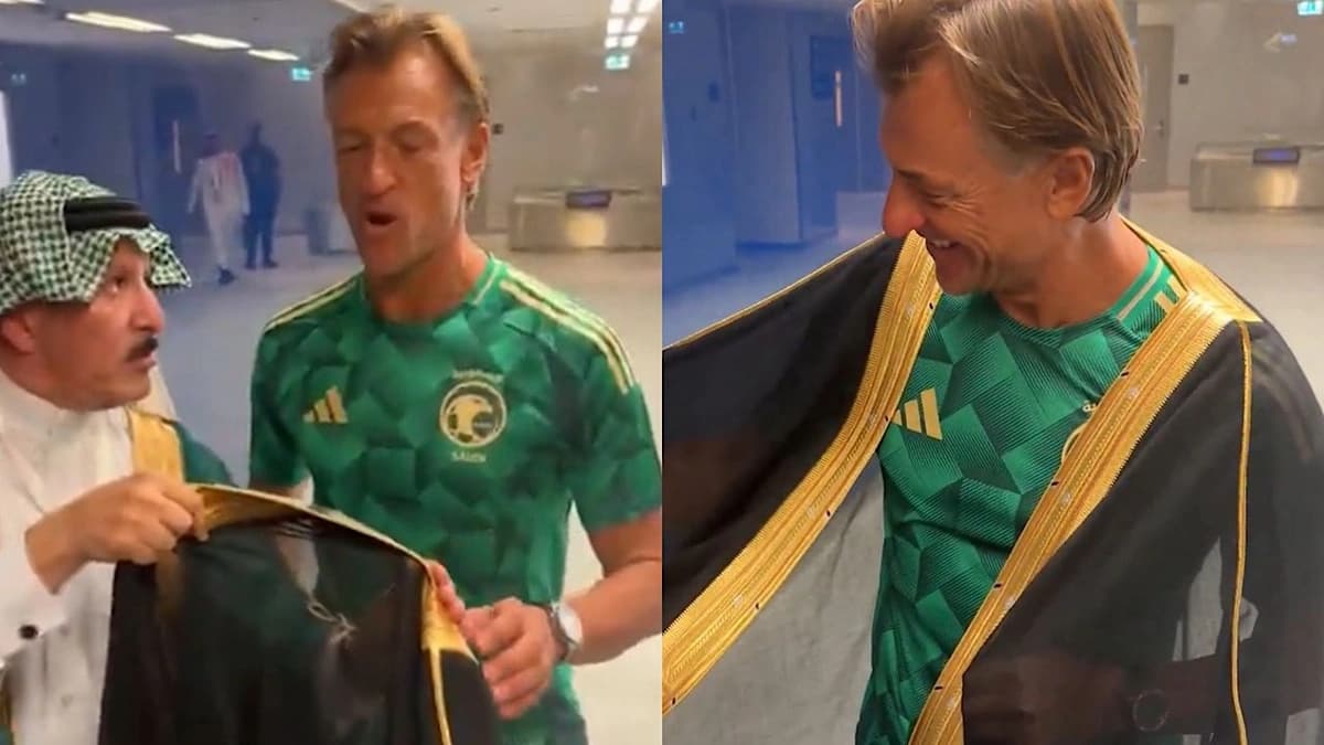 الفريان يهدي رينارد بشت ويساعده في ارتدائه احتفالًا بتأهل الأخضر للمونديال.. فيديو