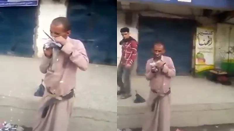 بالفيديو.. شاب يمني يثير الجدل بأكل حمامة نيئة وسط الشارع