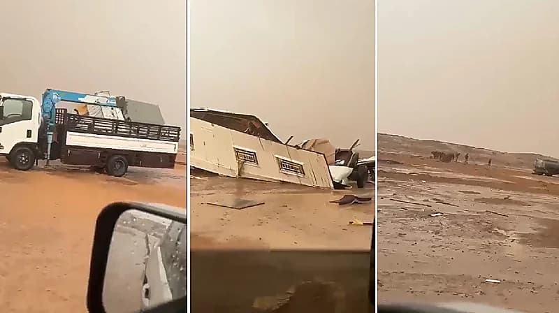 شاهد .. انقلاب عدد كبير من المركبات بسبب الرياح في منطقة صحراوية بين عفيف وظلم