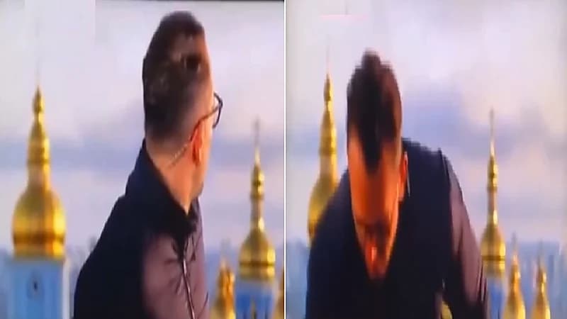 بالفيديو.. مراسل يهرب من الاستديو فور سماع انفجارات في العاصمة الأوكرانية