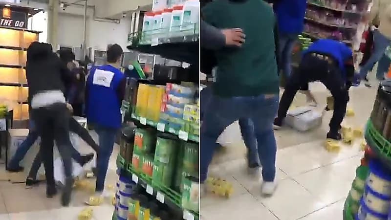 شاهد .. مشاجرة عنيفة بالسلع الغذائية بين شباب في لبنان