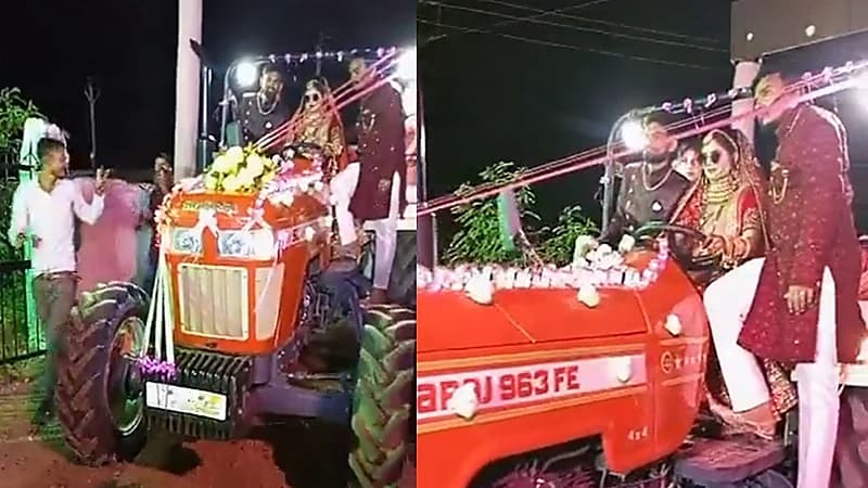 فيديو.. عروس تحضر زفافها على جرار زراعي