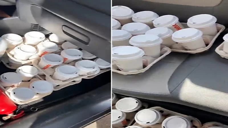 شاهد.. شاب يملأ سيارته بعدد ضخم من أكواب القهوة 