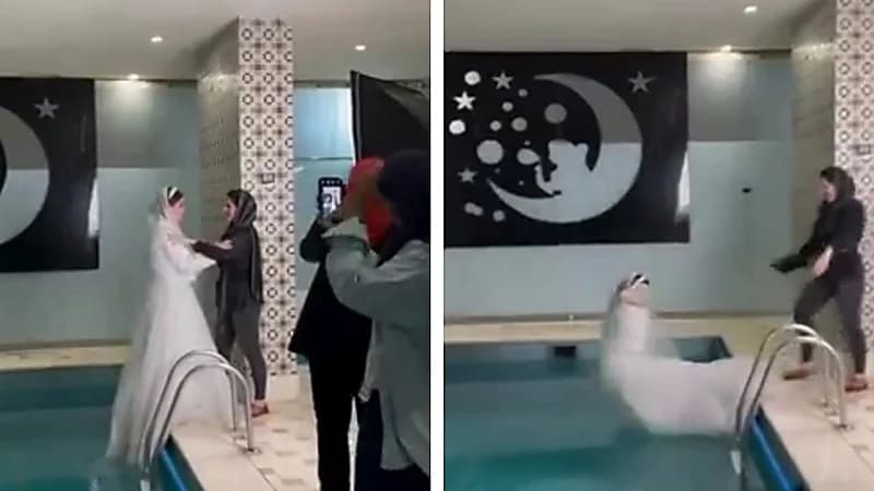 مشهد صادم لفتاة تُلقي بصديقتها العروس في المسبح .. فيديو