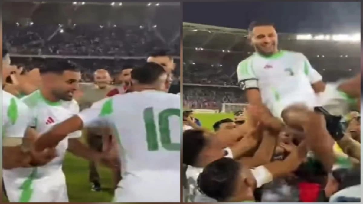 لاعبو الجزائر يحتفلون مع رياض محرز بالتأهل لكأس العالم.. فيديو