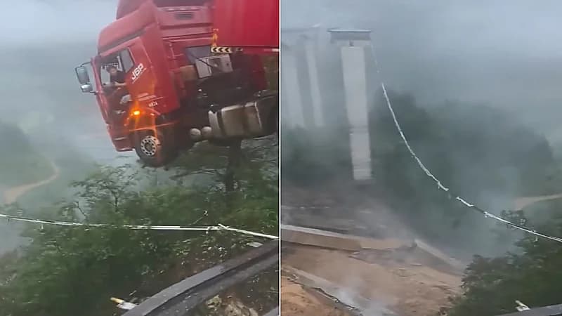 لحظات مرعبة لسائق معلق في الهواء بعد انزلاق شاحنته.. فيديو