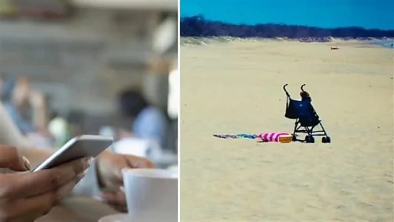 بالصور.. سبب غريب يدفع سيدة لترك طفلها على الشاطئ