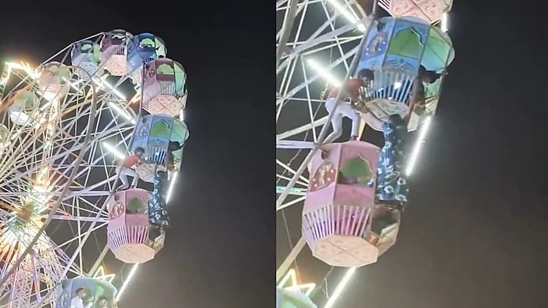 شاب ينقذ فتاة هندية تعلقت في لعبة مرتفعة بالملاهي وكادت أن تسقط.. فيديو