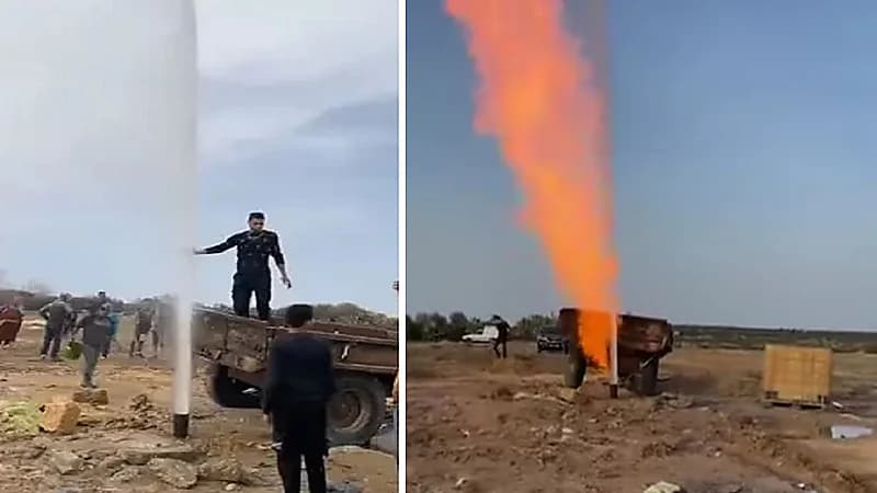 ألسنة النيران تتفجر من بئر مياه في تونس.. فيديو