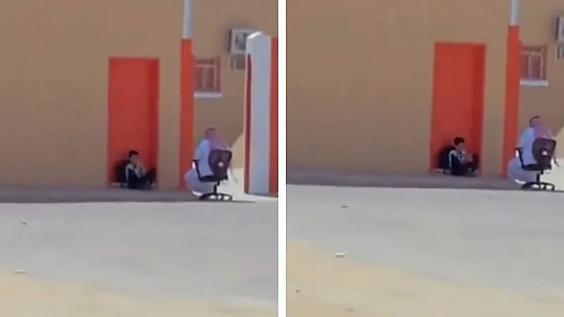 مشهد مؤثر لمعلم يجلس مع طالب في انتظار ولي أمره ويثير التفاعل.. فيديو