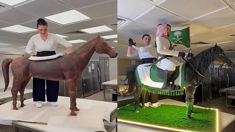 اللبنانية زينة عيتاني تعايد الشعب السعودي بتصميم كيك بأكبر فرس سعودي.. فيديو