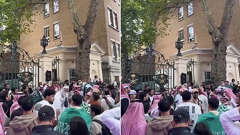 احتفال مبهر لمواطنين باليوم الوطني أمام مبنى سفارة المملكة بلندن .. فيديو