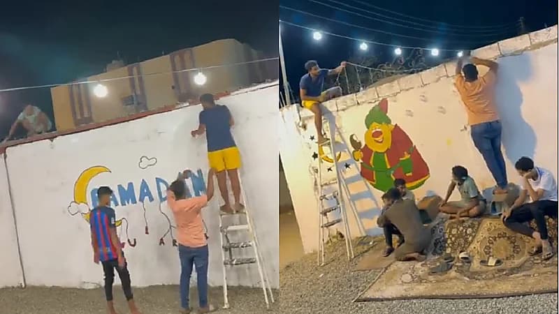 شاهد.. شباب يزينون حارتهم بالرسومات والزينة الرمضانية في جازان