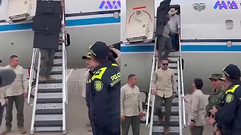 درع واقٍ من الرصاص يرافق الرئيس الكولومبي لدى نزوله من الطائرة.. فيديو