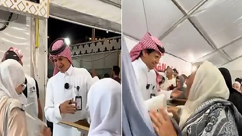 شاب يستقبل الحجاج بترحاب عند توزيع الوجبات ..فيديو