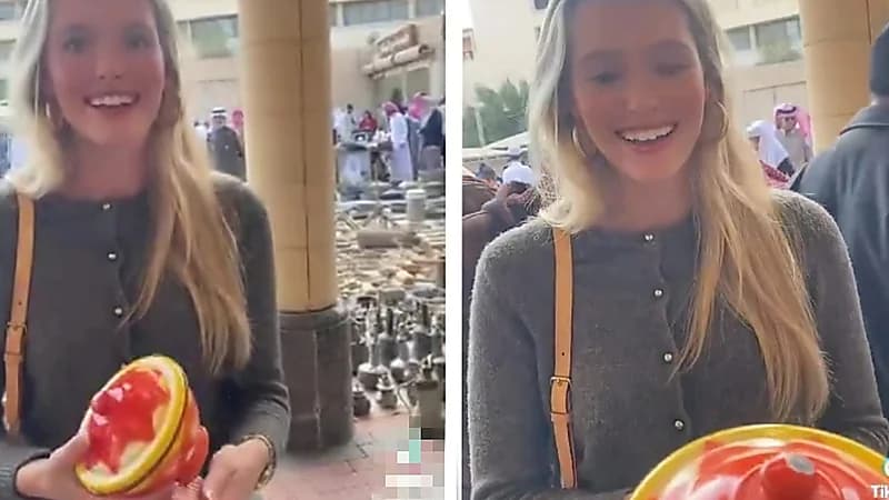 صاحب محل يفاجئ سائحة ألمانية بطاسة غضار تراثية .. فيديو