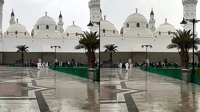 أمطار الخير تكسو مسجد قباء بجمالها في المدينة المنورة.. فيديو