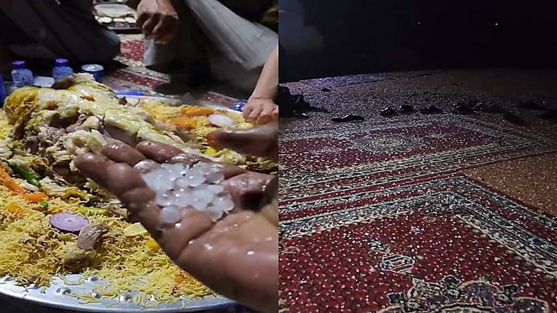 بالفيديو.. سقوط البرد على مجموعة مواطنين أثناء تناولهم العشاء في حائل