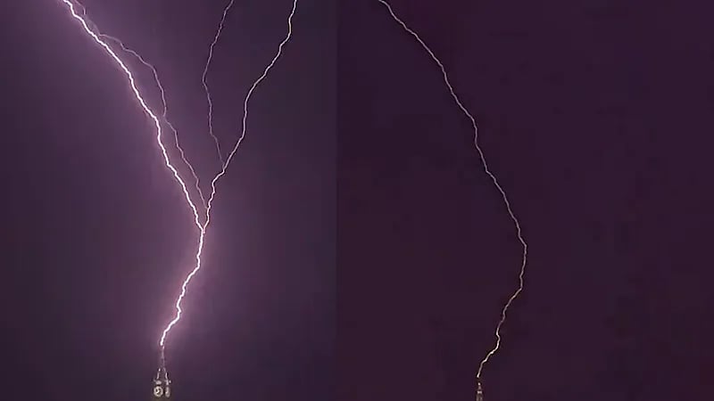 مشهد مهيب لصاعقة تضرب برج الساعة ليلاً .. فيديو