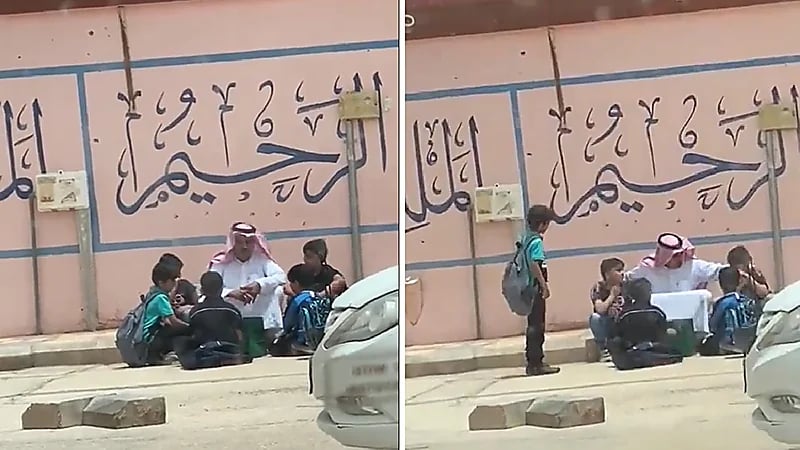 شاهد .. معلم ينتظر مع طلاب أمام المدرسة حتى وصول ولي أمرهم بعرعر