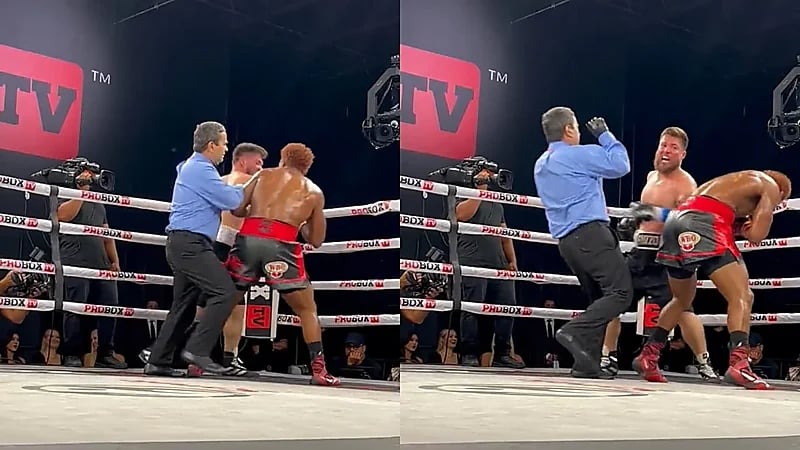 بالفيديو.. ملاكم يضرب الحكم عن طريق الخطأ