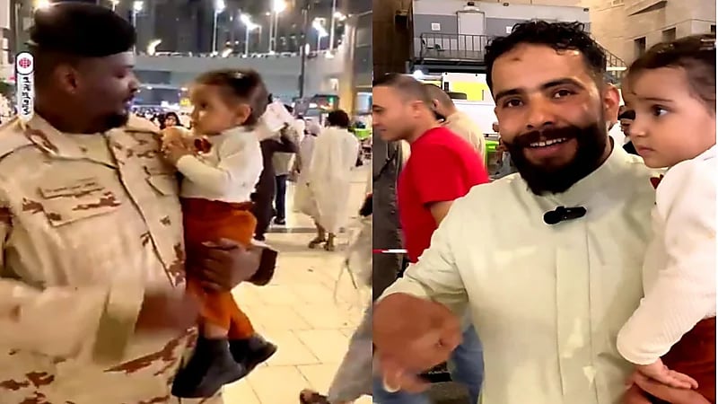 رجل أمن في الحرم يهدئ طفلة باكية أثناء صلاة والدها.. فيديو