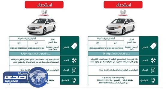 التجارة تستدعي " هوندا أوديسي " لعطل فني