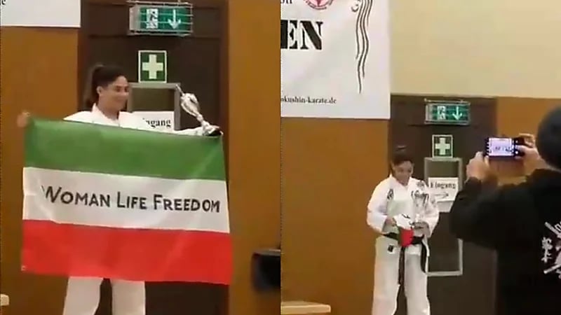 بالفيديو.. رفع علم إيران بعبارات داعمة للمرأة ضد قمع الملالي في بطولة ألمانية