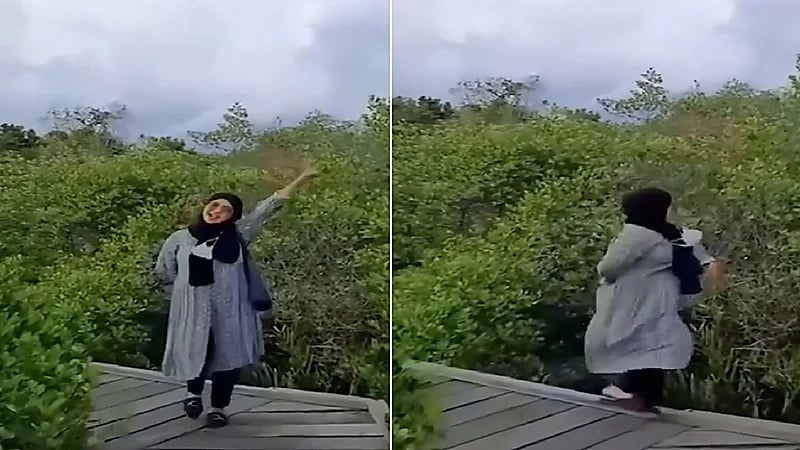 موقف محرج لفتاة أثناء تصويرها وسط الأشجار .. فيديو